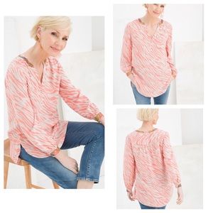 Chico’s Embellished Zebra Tunic Top Women’s XL Beaded Accents Tropical Beach.